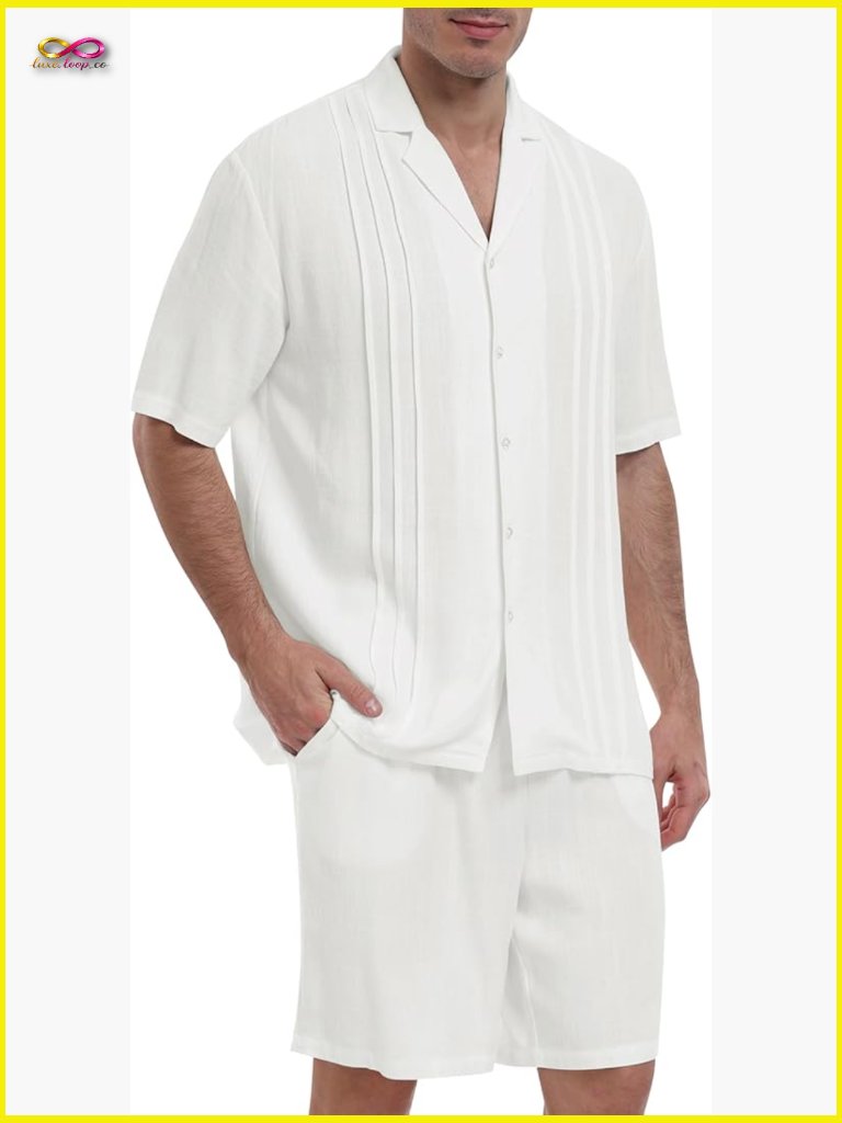 Linen Viscose Button Down Shirt And Pants Set Casual Beach Vacation Outfit